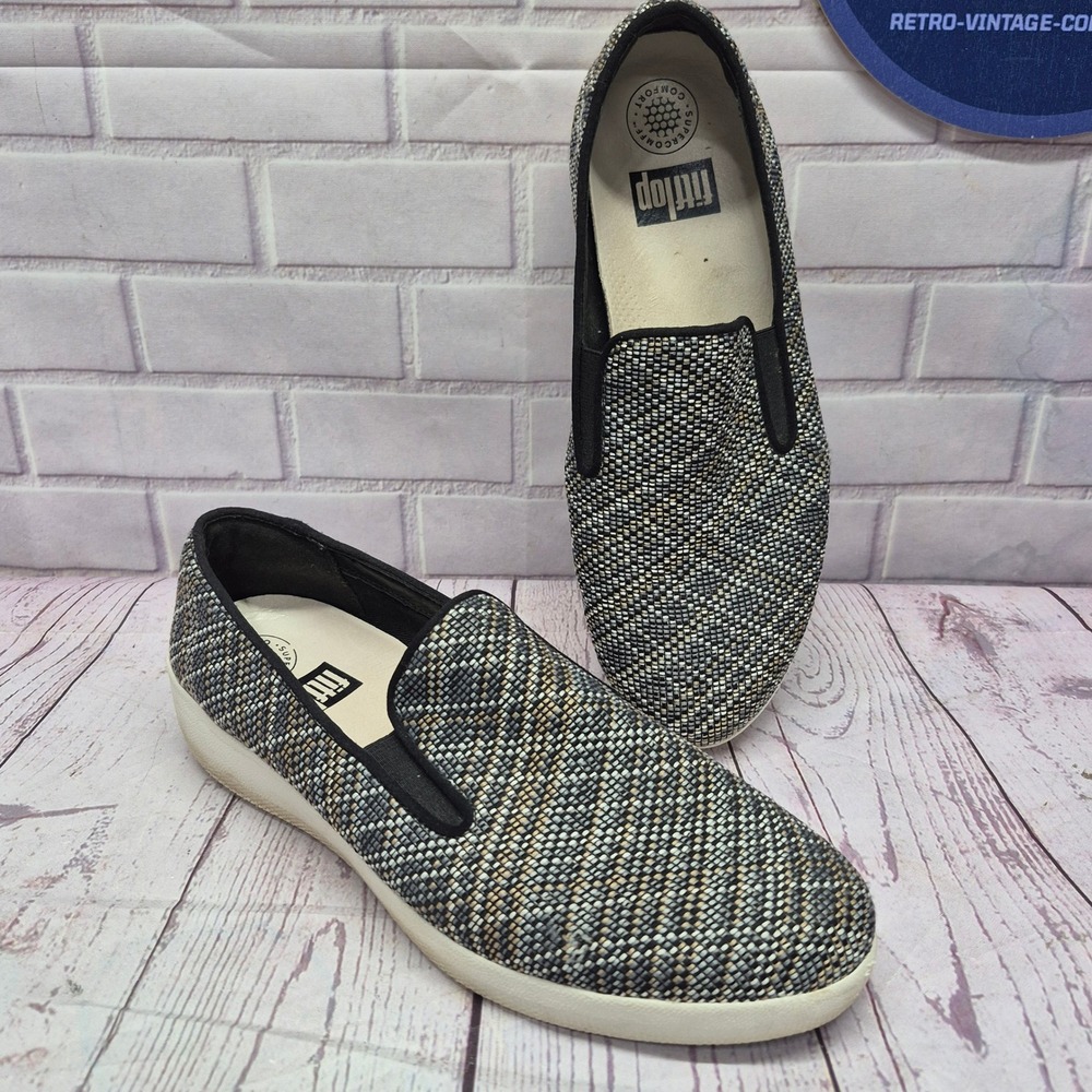 FitFlop Supercomff F-Sporty Woven Slip On Sneakers Black White J44-510 Mens 8